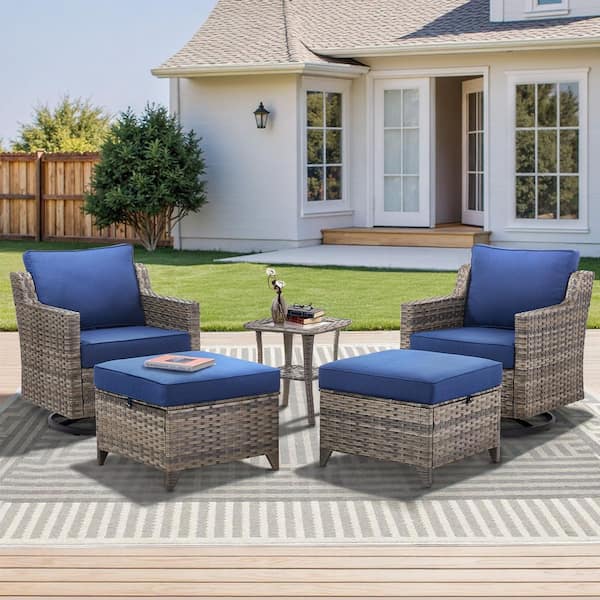 5-Piece Wicker Patio Conversation Set with Rocking Chairs, Outdoor Bistro Set with Side table with Blue Cushions