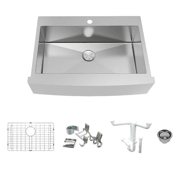 Transolid Diamond 16-Gauge Stainless Steel 35.8 in. Single Bowl Farmhouse Apron Kitchen Sink Kit with Magnetic Accessories