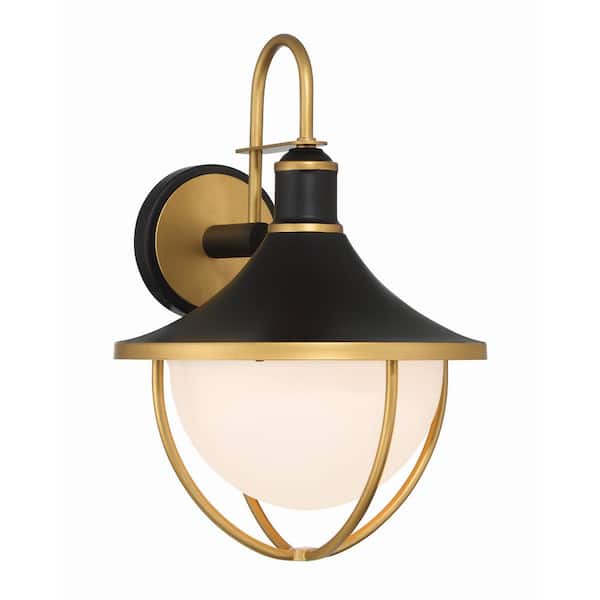 Crystorama Atlas 1-Light Matte Black and Textured Gold Outdoor Hardwired Wall Lantern Sconce with No Bulbs Included