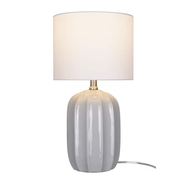 Arcadia 19.5 in. gray Gourd Bedside Table Lamp with White Linen Shade