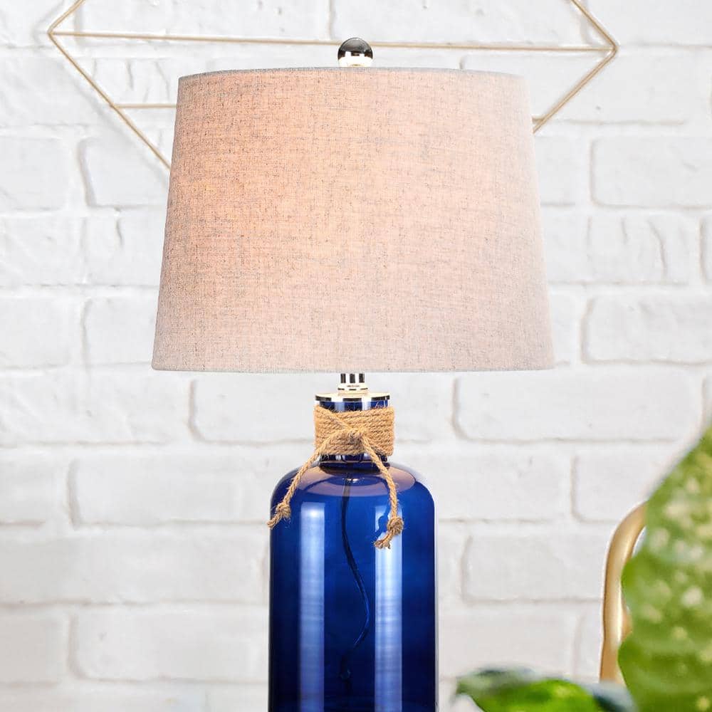 Azure Blue Glass Bottle Table Lamp with Linen Shade