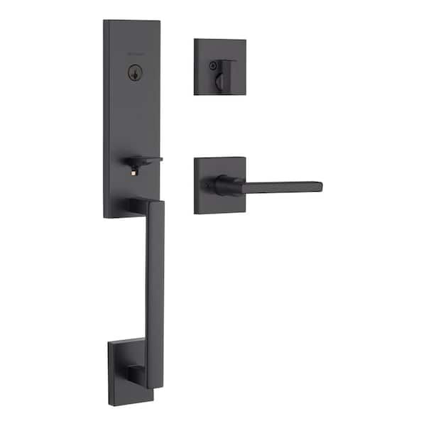 Kwikset Vancouver Matte Black Single Cylinder Low Profile Handleset with Halifax Lever Featuring SmartKey Security