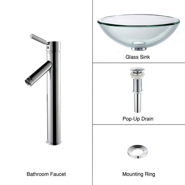 KRAUS 19 mm Thick Glass Vessel Sink with Single Hole Single-Handle High-Arc Sheven Faucet in Chrome