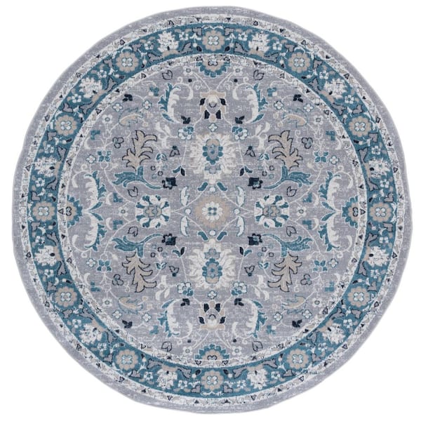 SAFAVIEH Bayside 7 ft. x 7 ft. Blue/Gray Traditional Floral Round Area ...