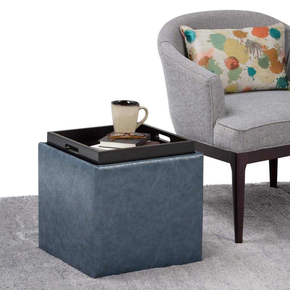 Denim Blue Faux Leather Square Storage Ottoman with Flip-Over Tray