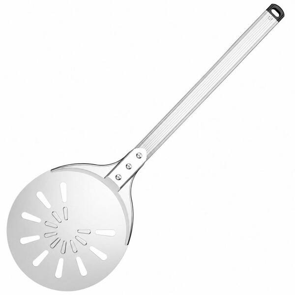 8-Inch Perforated Aluminum Pizza Turning Peel with Long Handle and Silicone Hook for Oven and Grill