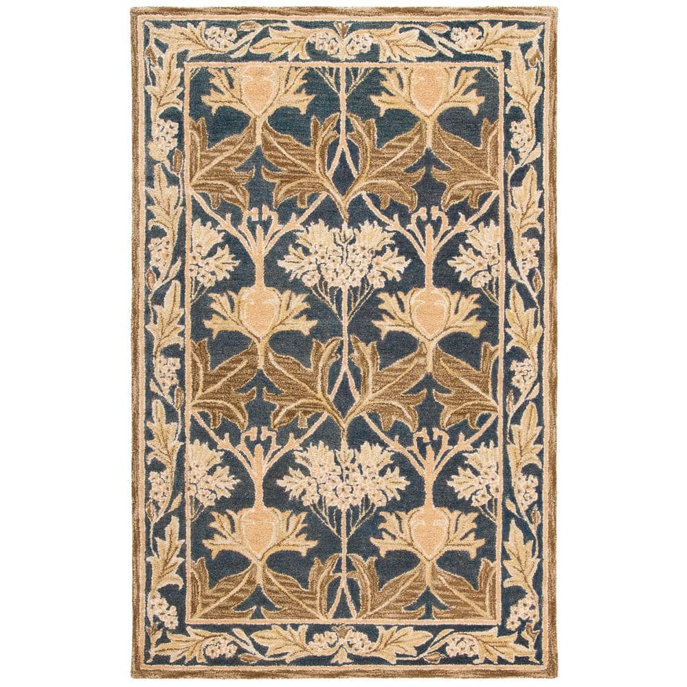 Navy and Sage Floral Wool Tufted Area Rug, 5' x 8'
