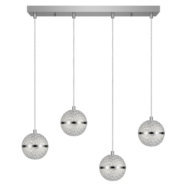 Edvivi 20-Watt 4-Light Chrome Finish LED Linear Island Pendant Light with Crystal Orb Shade