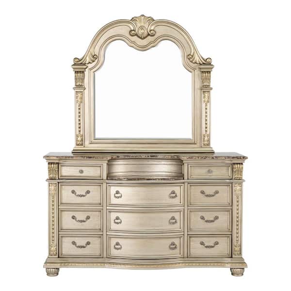 marble and gold dresser Rilon Gold Champagne 11-Drawer 68 in. Dresser and Mirror with Genuine Marble Top
