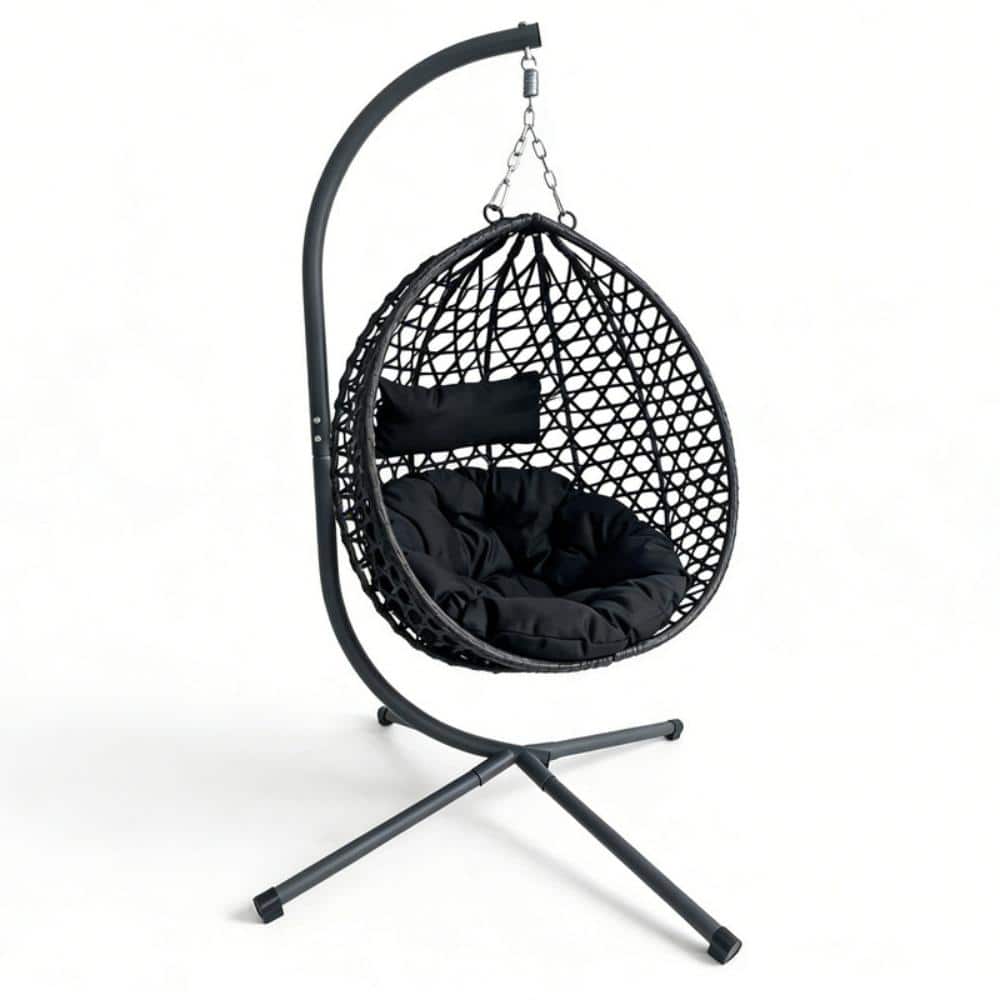 Folding Black PE Rattan Hanging Egg Chair with Stand, Aluminum Steel Patio Swing, Cushion Included