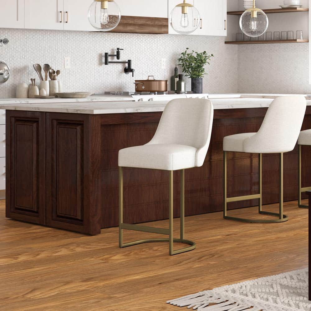 Elegant White Linen & Gold Metal Barrelback Counter Stool, Set of 2