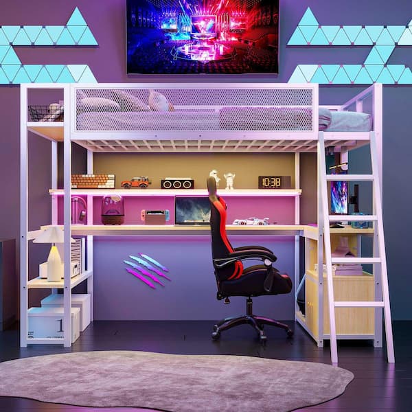 White Twin Size Wood Loft Bed with Built-in Workstation, LED and Multiple Storage