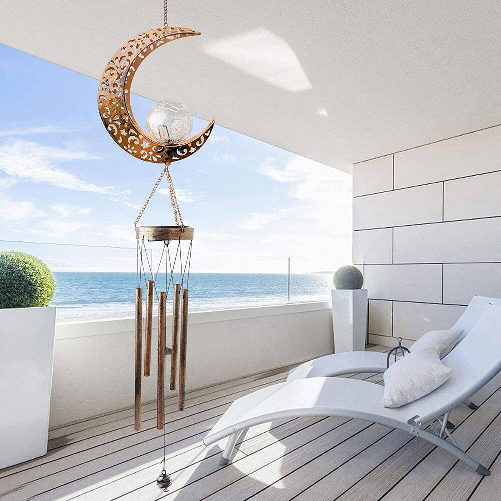 Large Brass Moon Solar Wind Chimes with LED Lights