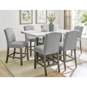 Grayson 60 in. Rectangular White Marble Counter Height Dining Set with 6-Upholstered Chairs