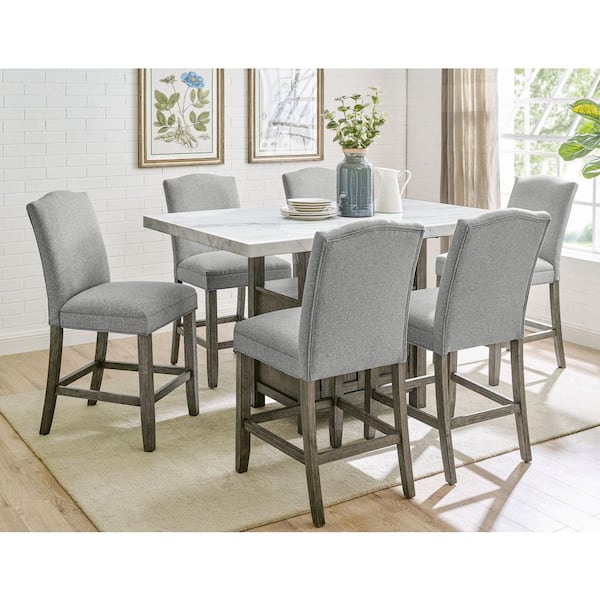Steve Silver Grayson 60 in. Rectangular White Marble Counter Height Dining Set with 6-Upholstered Chairs