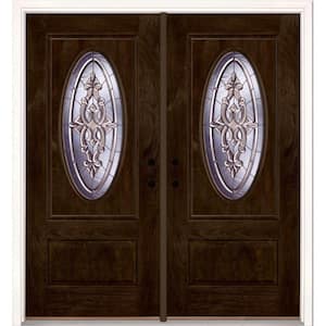 74 in.x81.625 in. Silverdale Zinc 3/4 Oval Lt Stained Chestnut Mahogany Right-Hand Fiberglass Double Prehung Front Door