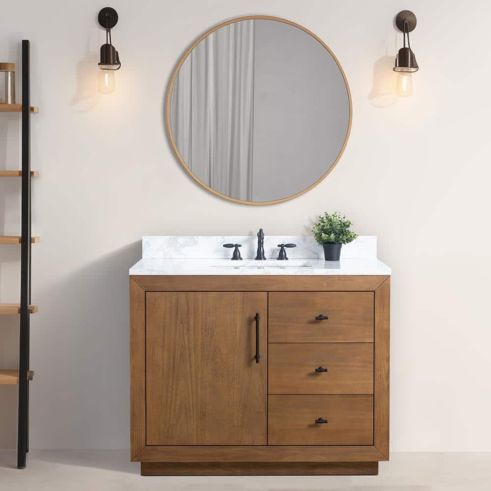 42" Tan Poplar Wood Single Bathroom Vanity with Marble Top