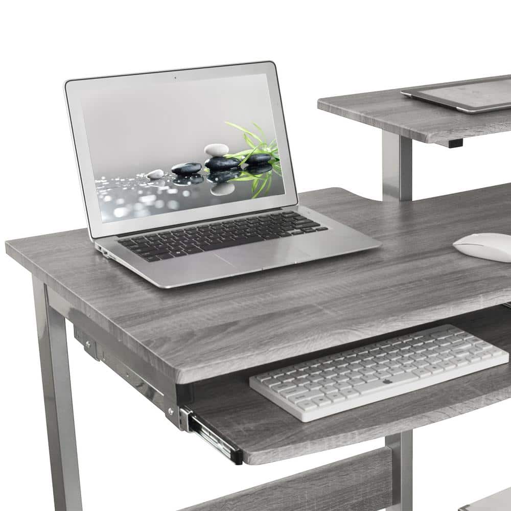 Sleek Gray MDF and Steel Compact Computer Desk with Drawers
