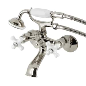 Kingston 3-Handle Wall-Mount Clawfoot Tub Faucet with Hand Shower in Polished Nickel