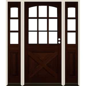 64 in. x 80 in. Farmhouse X Panel LH 1/2 Lite Clear Glass Red Mahogany Stain Douglas Fir Prehung Front Door with DSL