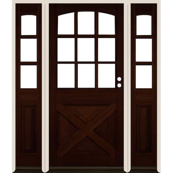 Krosswood Doors 64 in. x 80 in. Farmhouse X Panel LH 1/2 Lite Clear Glass Red Mahogany Stain Hemlock Prehung Front Door with DSL