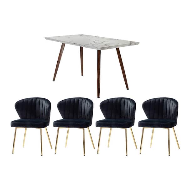 JAYDEN CREATION Olinto Black 5-Piece Dining Set with Marble Desk