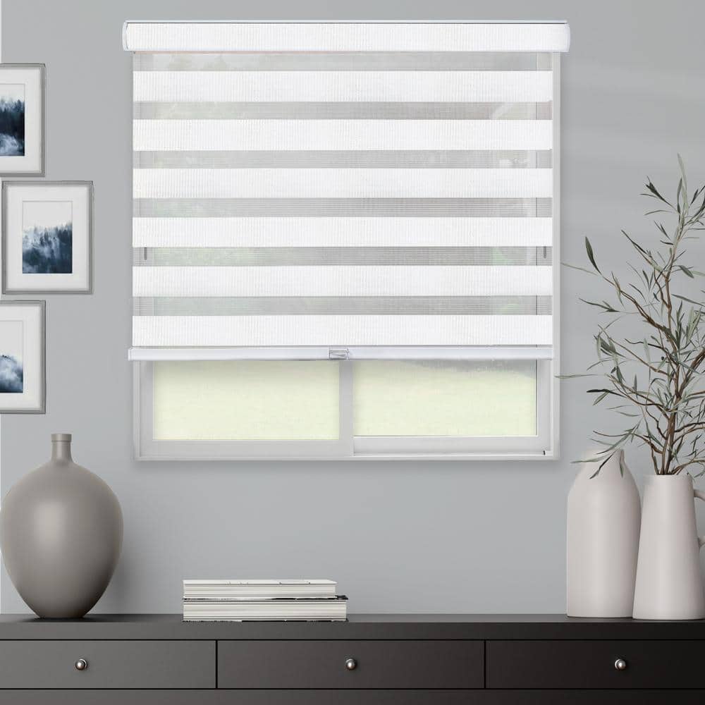 Dual Layer Sheer or Privacy Light Control Cordless Custom Zebra Roller Shades and Blinds Basic, White, W 38 x H 48 inch 24 to 70 inch Wide Day and Night Window Drapes 