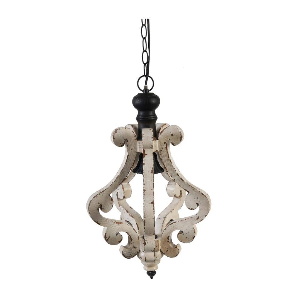 Farmhouse Pendant 1-Light Distressed White Rustic Linear Wood Chandelier Li