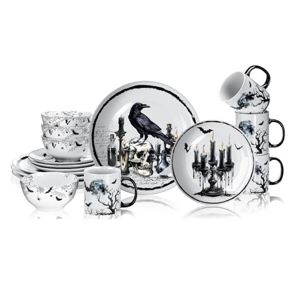 16-Piece Black Halloween Gothic Ceramic Dinnerware Service for 4, Spooky Kitchen Decoration, Dessert Plate Bowl Mug