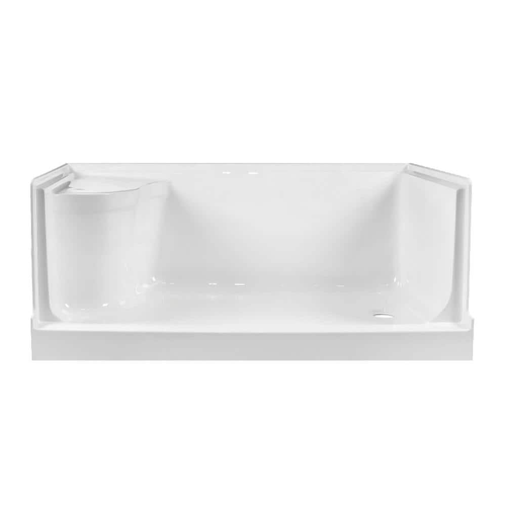 White Acrylic Single Threshold Shower Base with Seat and Right Drain