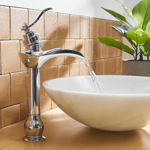 Single Handle Waterfall Vessel Sink Faucet with Drain Kit Included in Polished Chrome