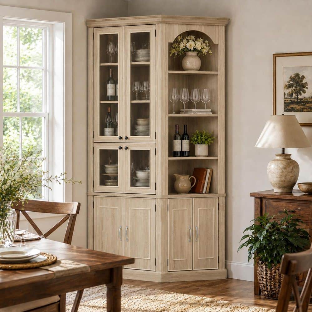 90.3 in. Tall Natural Wood Grain Wood 12-Shelf Standard Bookcase, Right Corner Bookcase, Wall Bookcase w/ Door and Light