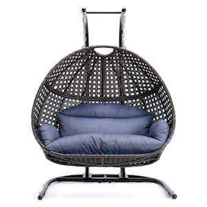 2-Person Charcoal Wicker hanging Double Egg Porch Swing Chair with Charcoal Blue Stand and Cushions