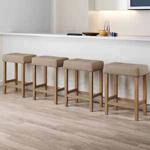 Hylie 24 in. Natural Flax Nailhead Saddle Cushion Light Brown Wood Counter Height Bar Stool, Set of 4