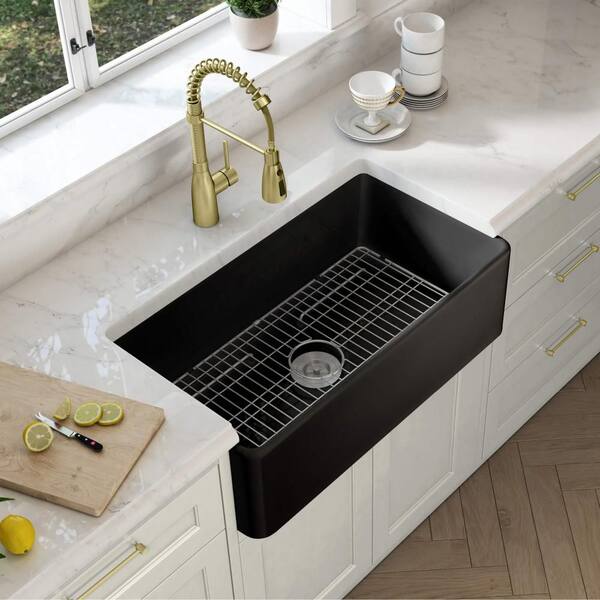 KIBI 36 in. Farmhouse/Apron-Front Single Bowl Matte Black Fireclay