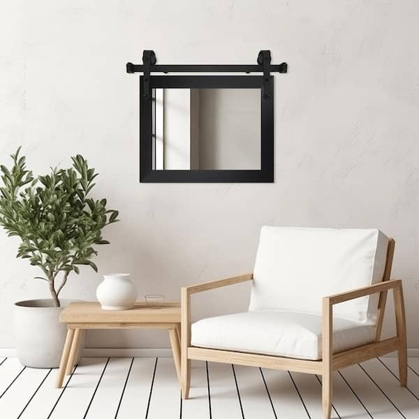 (40 in. W x 33 in. H) Black Modern Rustic Mirror with Steel Barn Door Rail