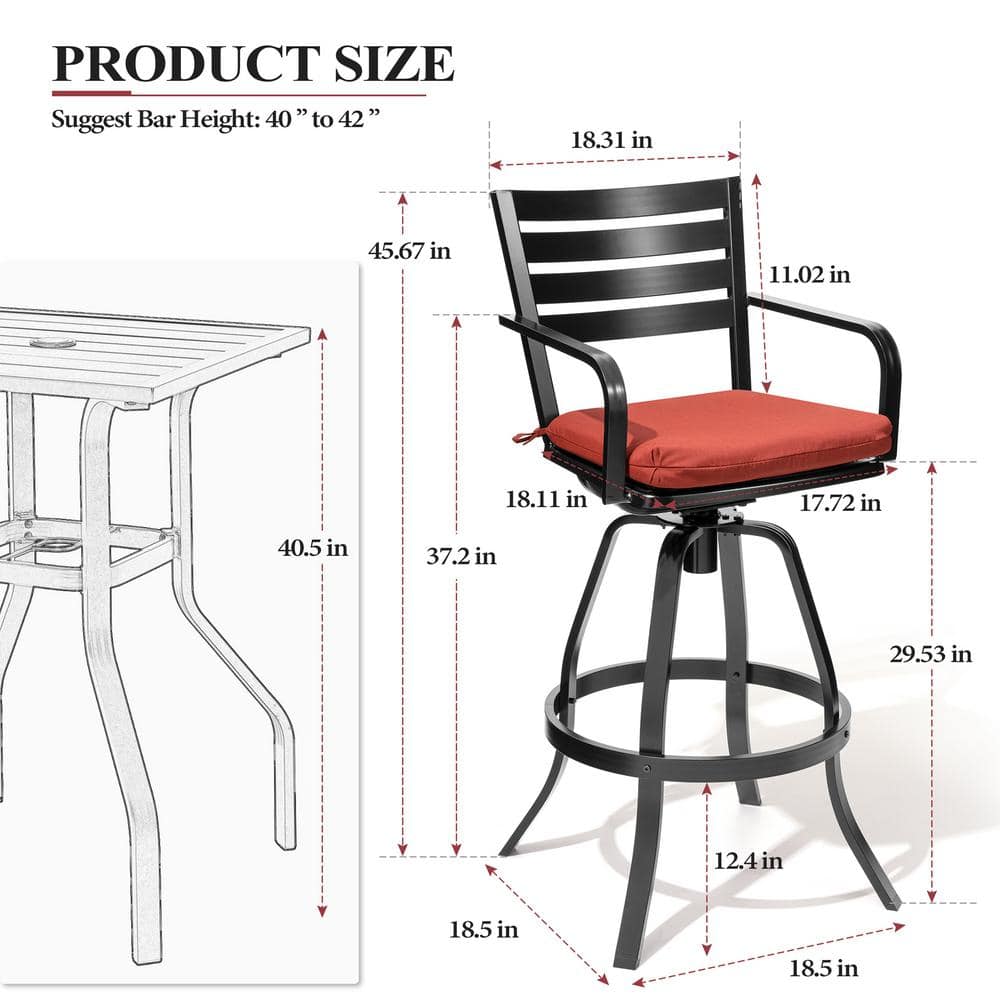 Red Cushioned Black Cast Aluminum Swivel Bar Height Armchair