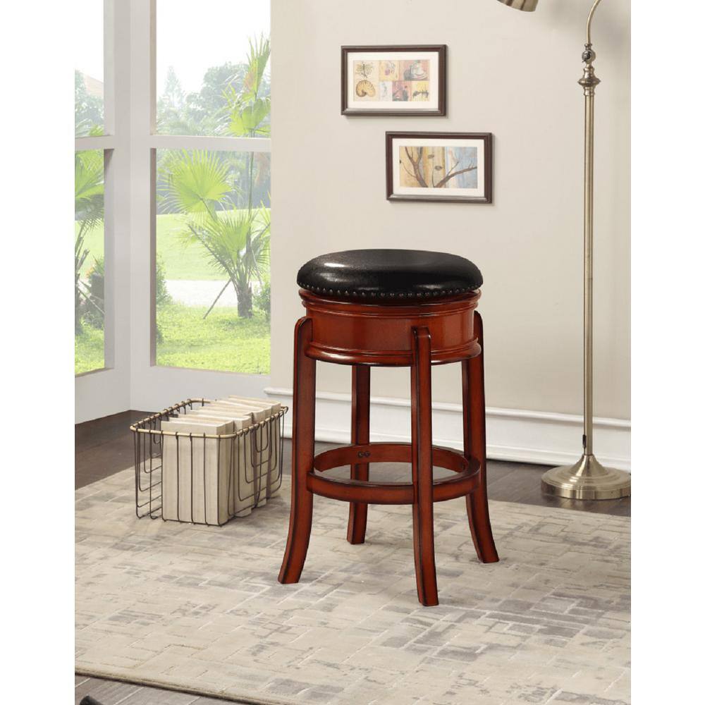Cherry Wood and Black Leather Swivel Bar Stool