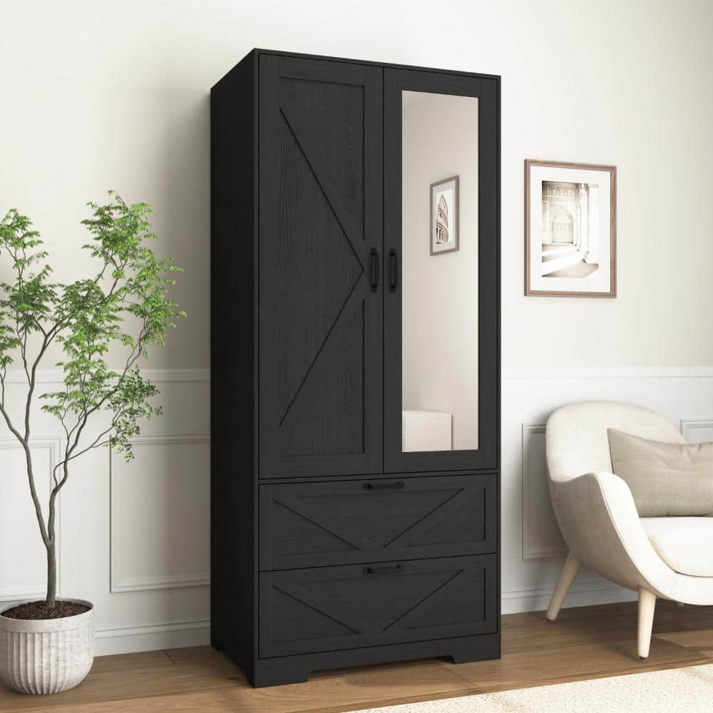 Black Wood 32 in. W 2-Door Wardrobe Armoire with Mirror, Hanging Rod, 2-Drawers, LED Light (19.7 in. D x 71.7 in. H)