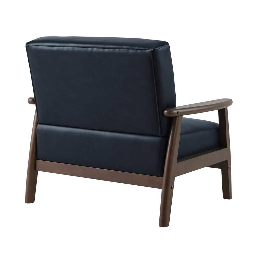 Navy Blue Faux Leather Barrel Accent Chair with Wood Frame