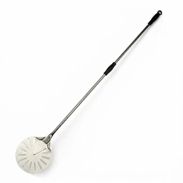 Stainless Steel Finish Round Perforated Pizza Peel with Long Handle for Brick Ovens and Outdoor Pizza Cooking