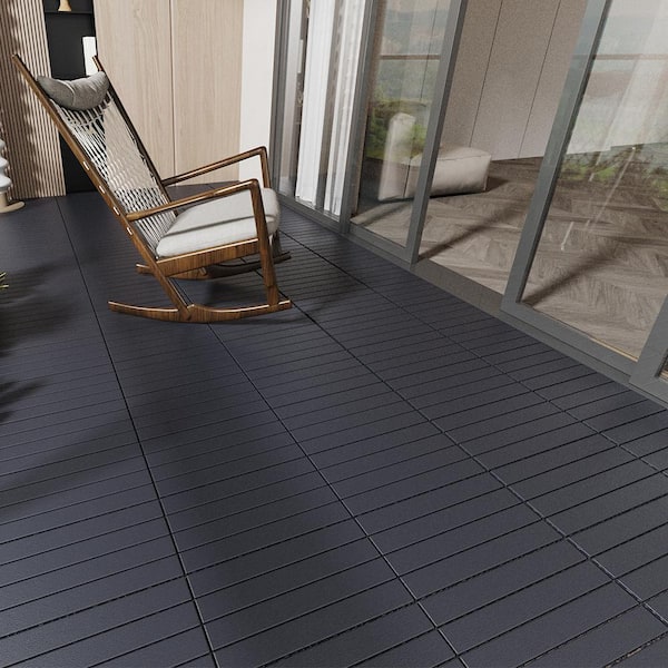 BTMWAY Gray DIY Striped Pattern 2 ft. x 1 ft. All-Weather Plastic Outdoor Interlocking Deck Tiles, Garage Floor Tiles(24-Pack)