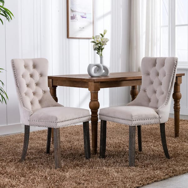 High-End Tufted Beige Chair with Nailhead Trim (19.7 in. W x 37.5 in. H) (Set of 2)
