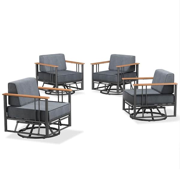 Minimalism Black Metal Outdoor Patio Conversation Rocking Chair Swivel Glide with Dark Gray Cushions (4-Pack)