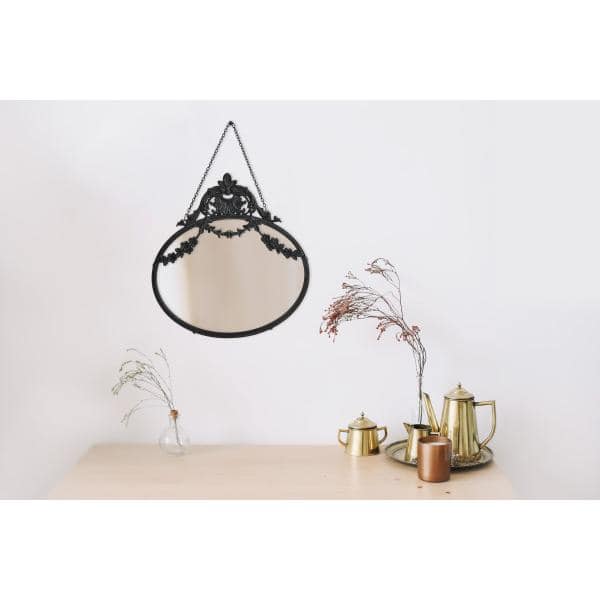 Vintage Black Pewter Round Wall Mirror with Decorative Chain