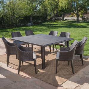 Arnell Multi-Brown 9-Piece Faux Rattan Square Outdoor Dining Set with Light Brown Cushions