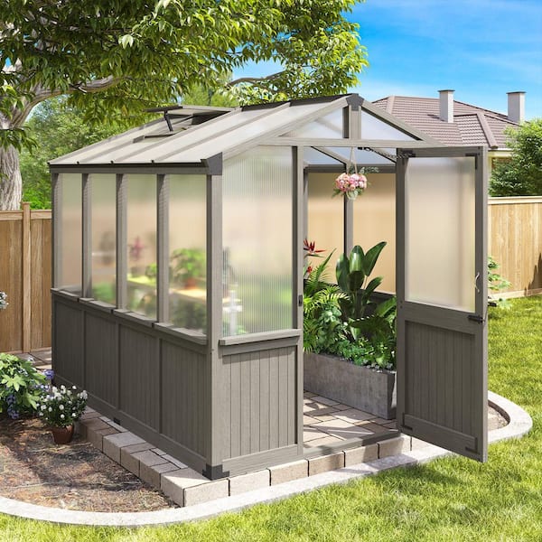 6 ft. x 8 ft. Wooden Garden Plant Greenhouse for Outdoors with 2-Layer Polycarbonate Panels and Adjustable Roof Vent