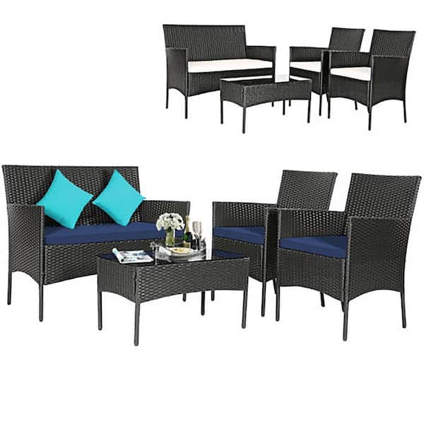 Gymax 4-Pieces Outdoor Furniture Set Patio Rattan Conversation Set with Navy and Off White Cushion