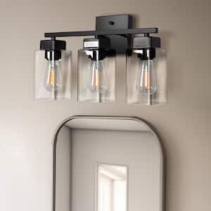 15.75 in 3-Light Matte Black Modern Vanity Light with Square Clear Glass Shade, Wall Lighting Fixtures for Bathroom
