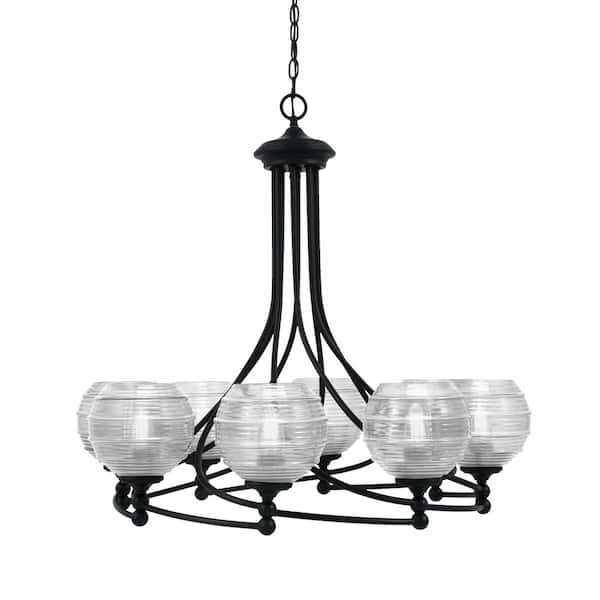 Unbranded Royale 8 Light Matte Black Chandelier, Round Chandelier with 6 in. Clear Ribbed Glass Shades, No Bulbs Included